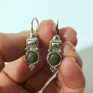 Vintage Silver Tone Olive Green Stone Drop Earrings
